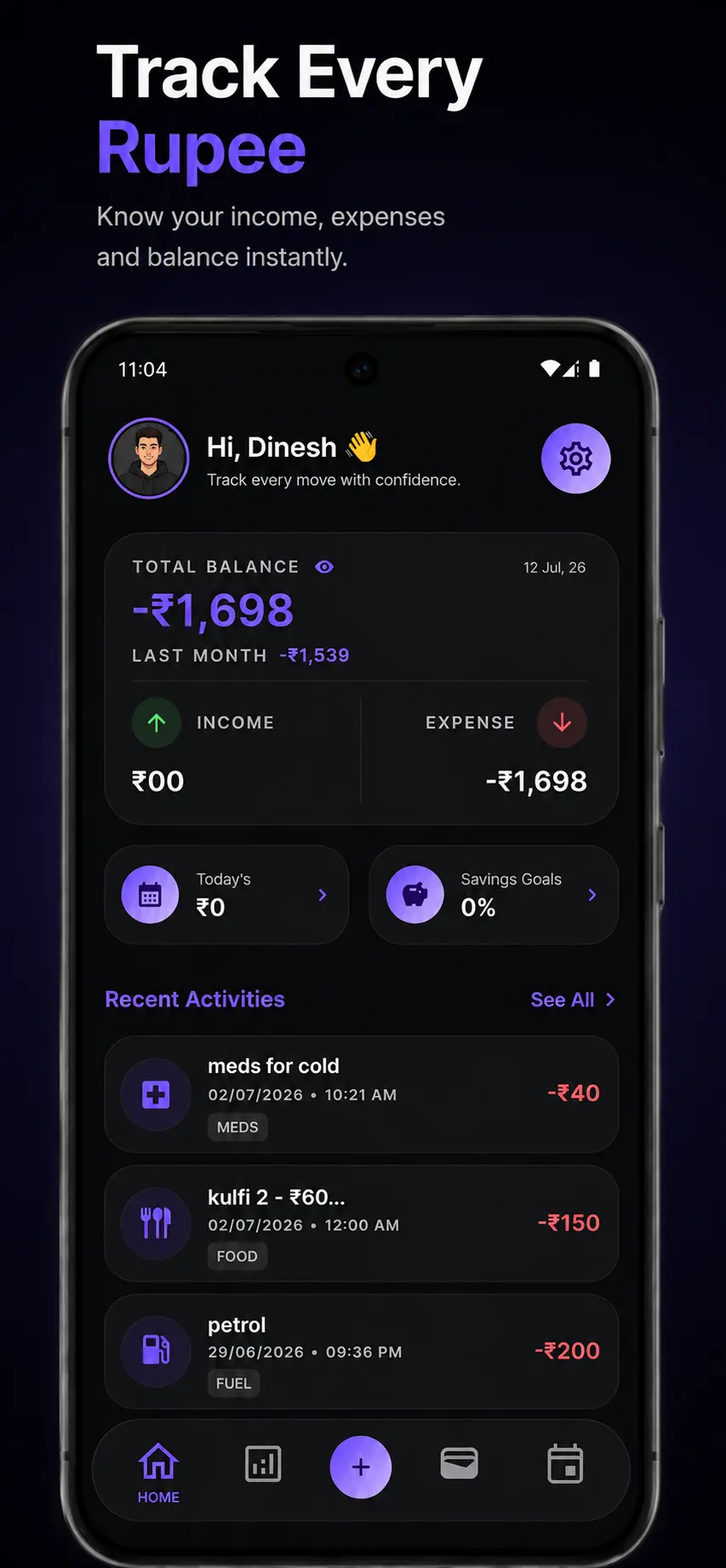 Expense Tracker Home - Overview of spending and income